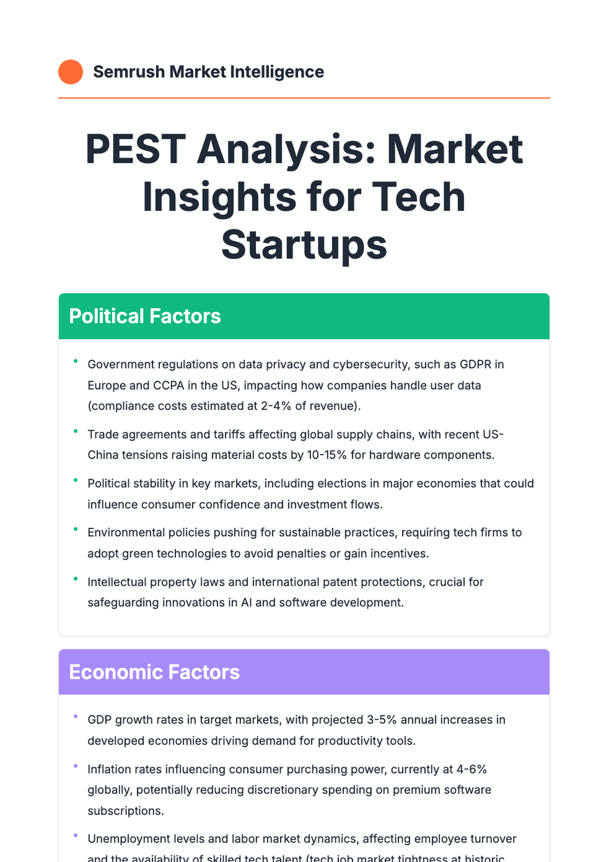 SEMRUSH PEST Analysis infographic with four colored sections Political Economic Socio cultural and_variant_1